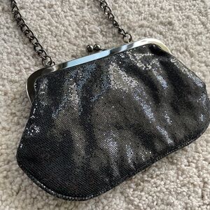 Express Retro Black Sequin Coin Purse Clutch Bag with Gunmetal Chain Strap Glam